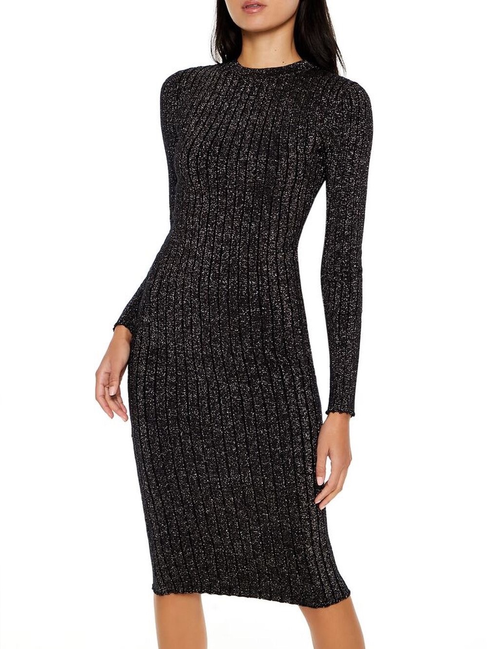 Black Metallic Ribbed Long-Sleeve Midi Dress